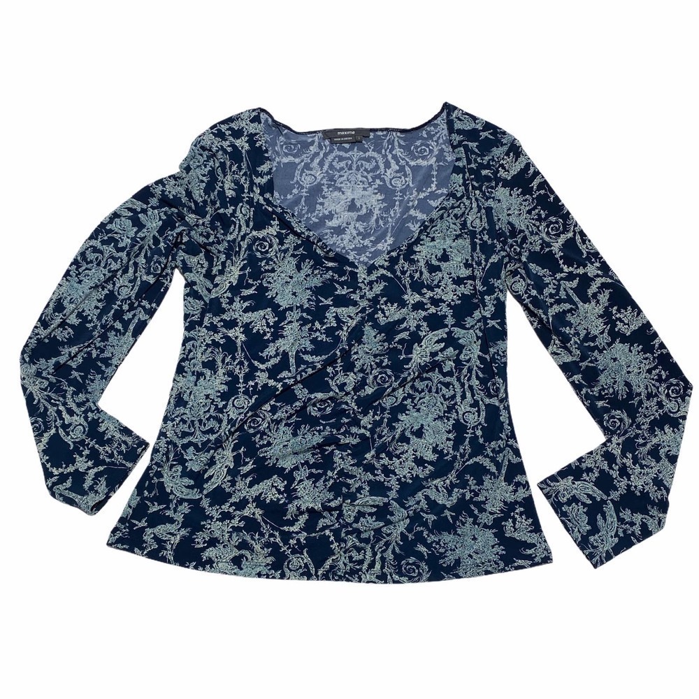 MAXIME Navy Blue Floral Long Sleeve Top Size Large - Picture 5 of 13
